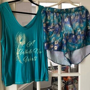Disney Teal Tank Top and Peacock Print Shorts Set